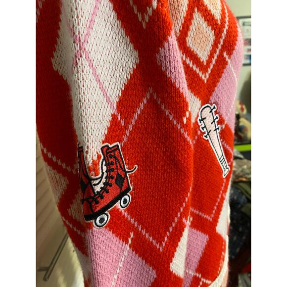 DC‎ Comics Harley Quinn Diamond Argyle Red Pink White Cardigan Size SM - Picture 5 of 9